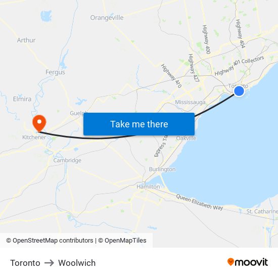 Toronto to Woolwich map