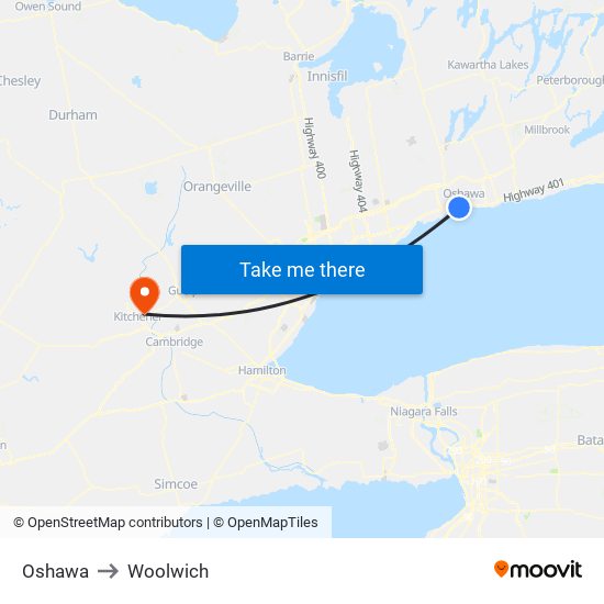 Oshawa to Woolwich map