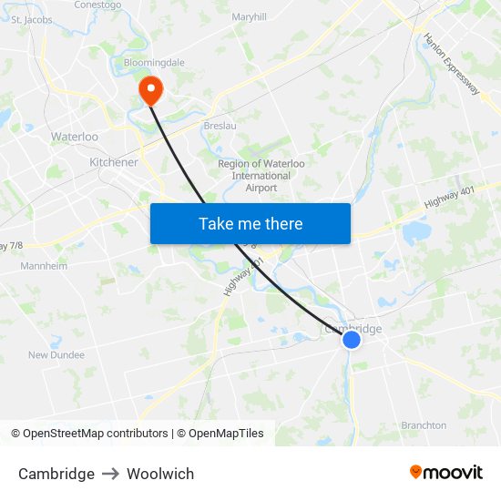 Cambridge to Woolwich map