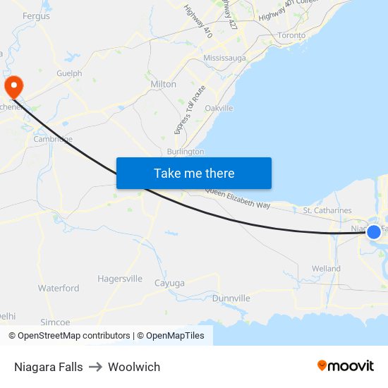 Niagara Falls to Woolwich map