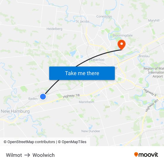 Wilmot to Woolwich map