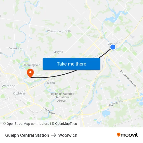 Guelph Central Station to Woolwich map
