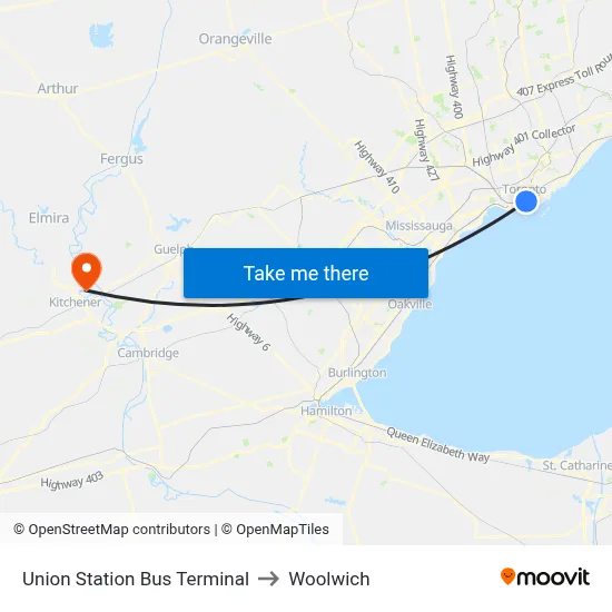 Union Station Bus Terminal to Woolwich map