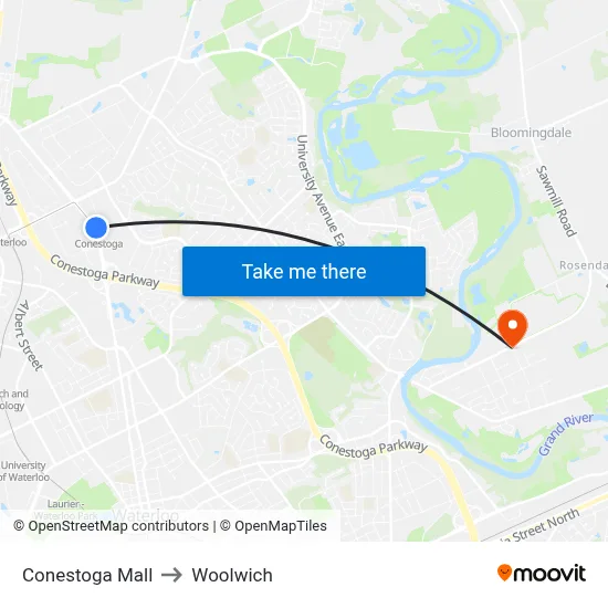 Conestoga Mall to Woolwich map