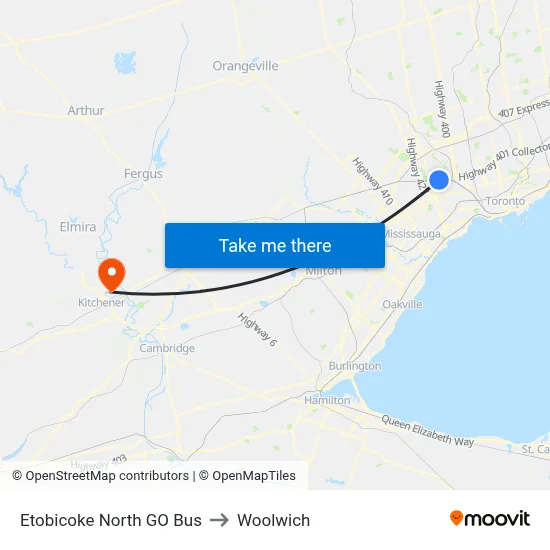 Etobicoke North GO Bus to Woolwich map