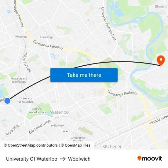 University Of Waterloo to Woolwich map