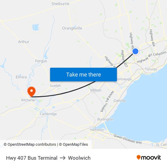 Hwy 407 Bus Terminal to Woolwich map