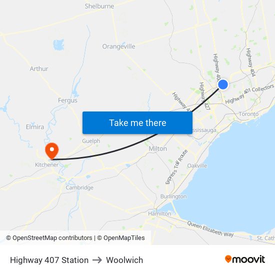 Highway 407 Station to Woolwich map