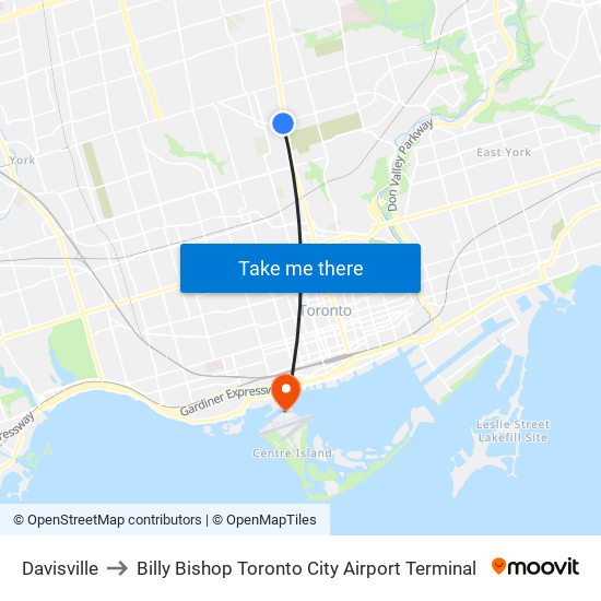 Davisville to Billy Bishop Toronto City Airport Terminal map