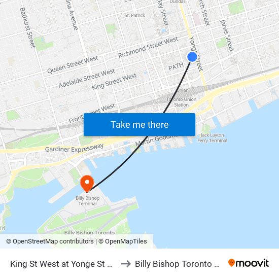 King St West at Yonge St West Side - King Station to Billy Bishop Toronto City Airport Terminal map