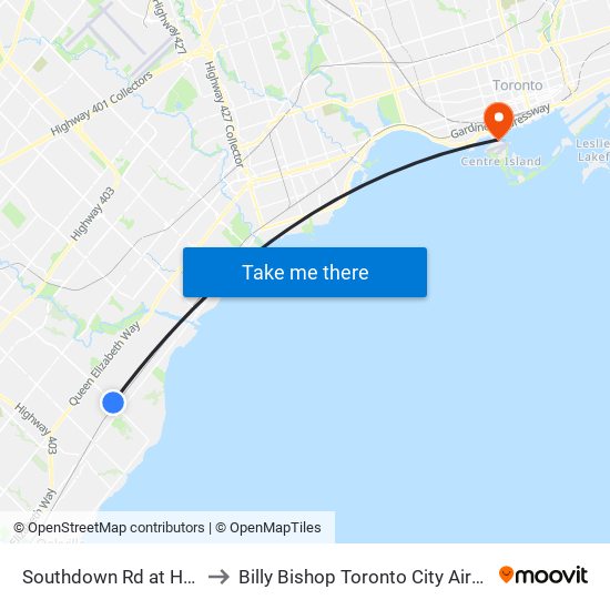 Southdown Rd at Hartland Dr to Billy Bishop Toronto City Airport Terminal map