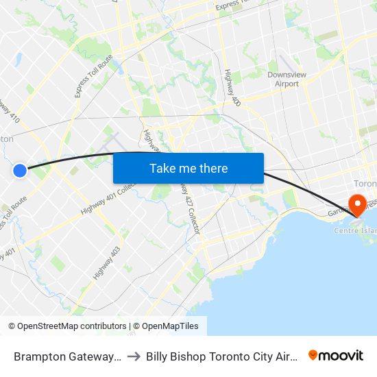 Brampton Gateway Terminal to Billy Bishop Toronto City Airport Terminal map