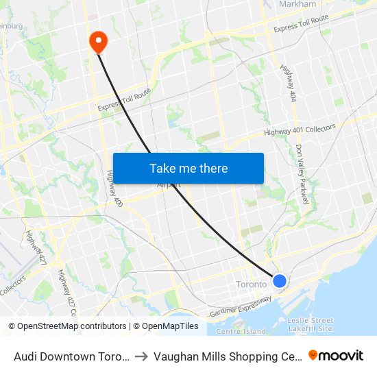 Audi Downtown Toronto to Vaughan Mills Shopping Centre map