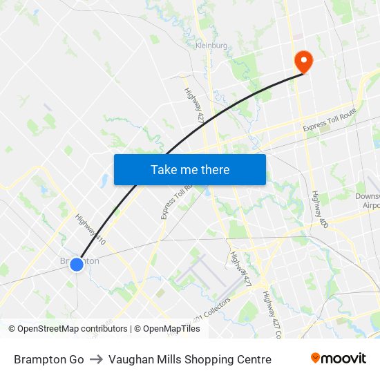 Brampton Go to Vaughan Mills Shopping Centre map
