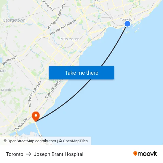 Toronto to Joseph Brant Hospital map