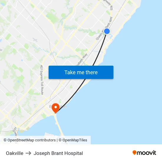 Oakville to Joseph Brant Hospital map