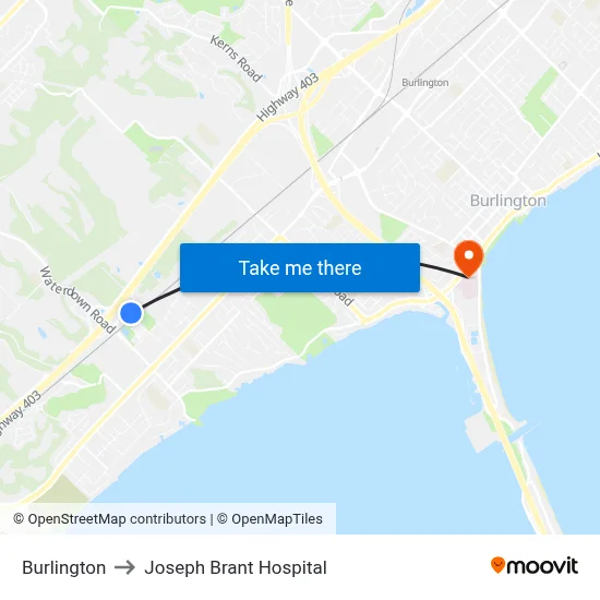 Burlington to Joseph Brant Hospital map