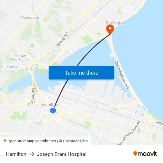 Hamilton to Joseph Brant Hospital map