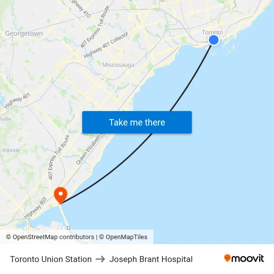 Toronto Union Station to Joseph Brant Hospital map