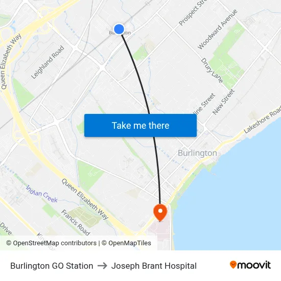 Burlington GO Station to Joseph Brant Hospital map