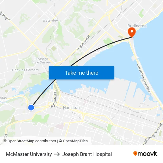 McMaster University, 1280 Main St W to Joseph Brant Hospital map