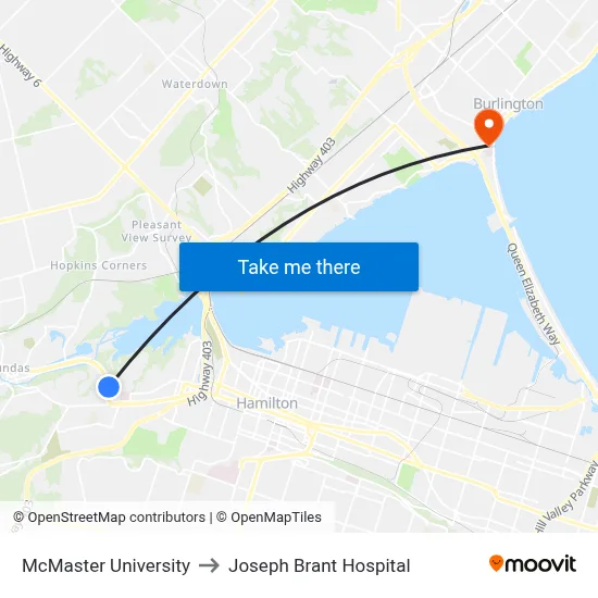 McMaster University to Joseph Brant Hospital map
