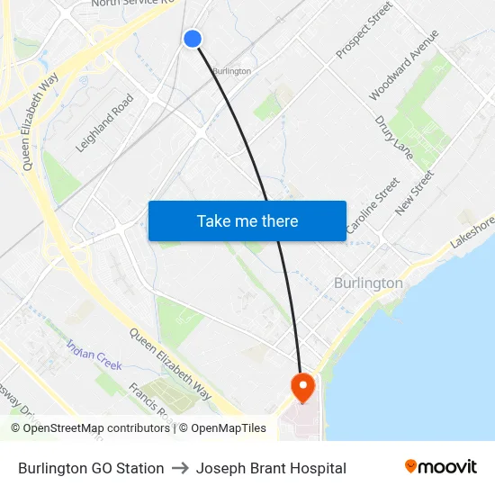 Burlington GO Station to Joseph Brant Hospital map