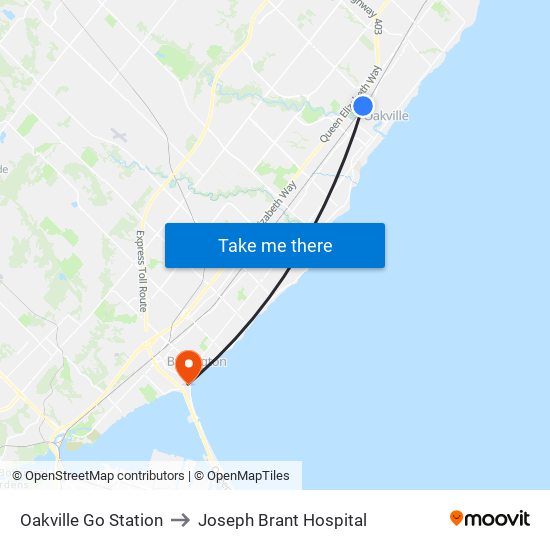 Oakville Go Station to Joseph Brant Hospital map