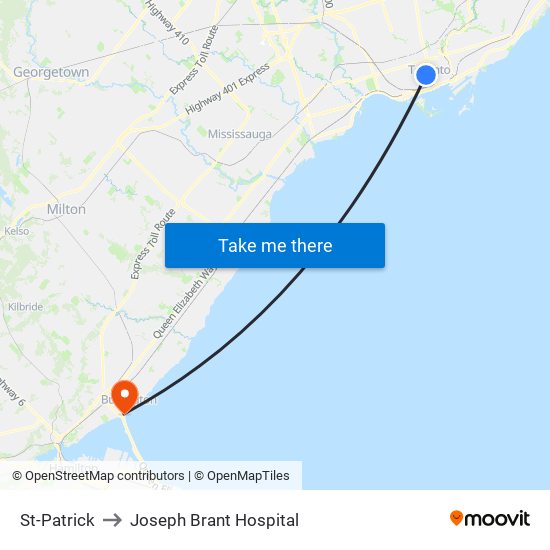 St-Patrick to Joseph Brant Hospital map