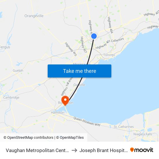 Vaughan Metropolitan Centre to Joseph Brant Hospital map