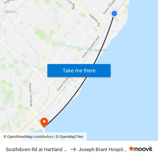 Southdown Rd at Hartland Dr to Joseph Brant Hospital map