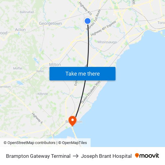 Brampton Gateway Terminal to Joseph Brant Hospital map