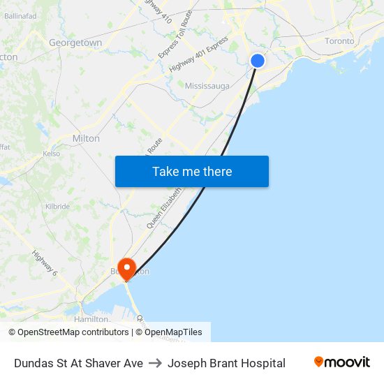 Dundas St At Shaver Ave to Joseph Brant Hospital map