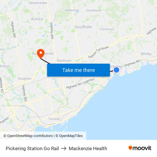 Pickering Station Go Rail to Mackenzie Health map