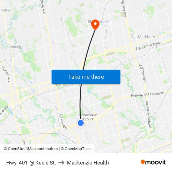 Hwy. 401 @ Keele St. to Mackenzie Health map