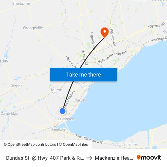 Dundas St. @ Hwy. 407 Park & Ride to Mackenzie Health map
