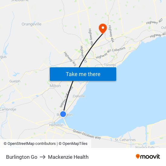 Burlington Go to Mackenzie Health map