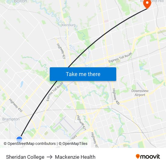 Sheridan College to Mackenzie Health map