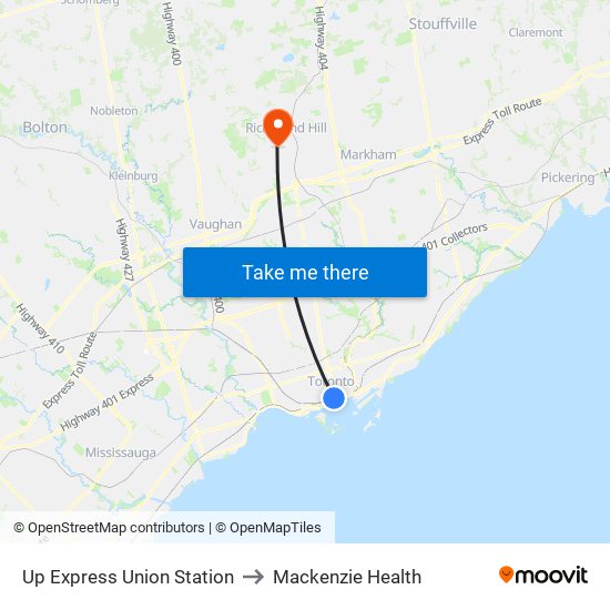 Up Express Union Station to Mackenzie Health map