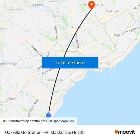 Oakville Go Station to Mackenzie Health map
