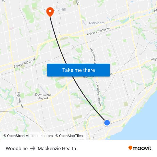 Woodbine to Mackenzie Health map