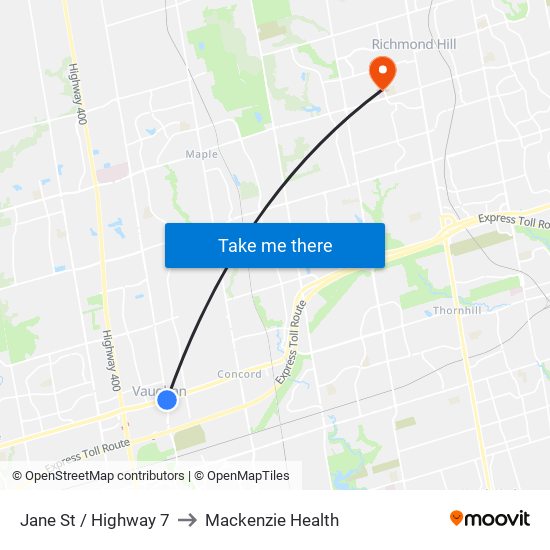 Jane St / Highway 7 to Mackenzie Health map