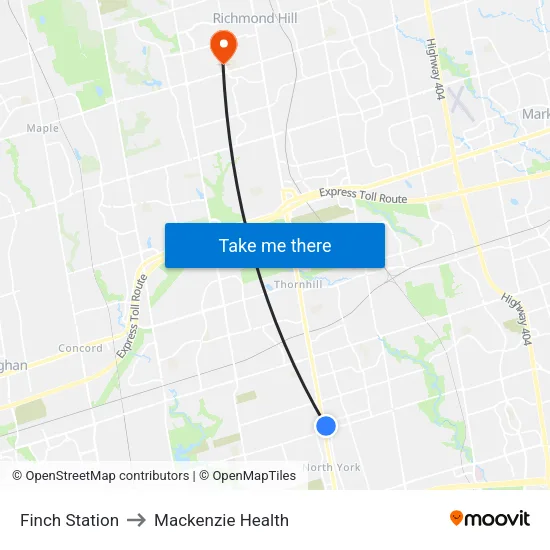 Finch Station to Mackenzie Health map