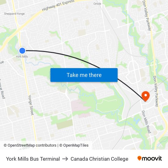 York Mills Bus Terminal to Canada Christian College map