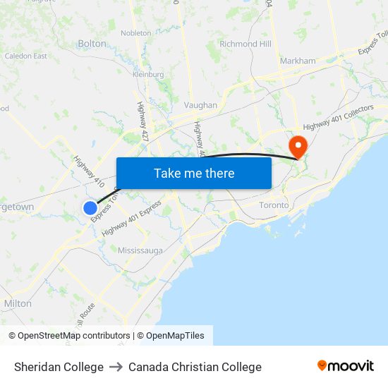 Sheridan College to Canada Christian College map