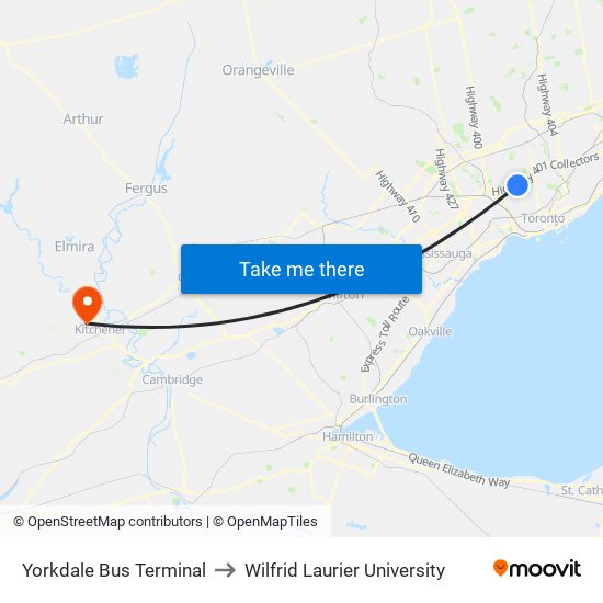 Yorkdale Bus Terminal to Wilfrid Laurier University map