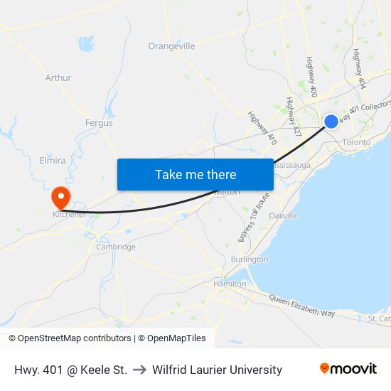 Hwy. 401 @ Keele St. to Wilfrid Laurier University map