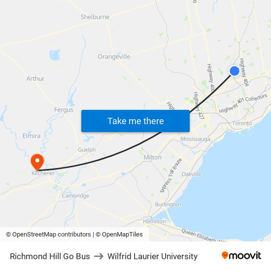 Richmond Hill Go Bus to Wilfrid Laurier University map