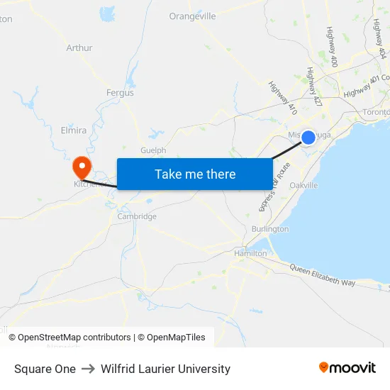 Square One to Wilfrid Laurier University map