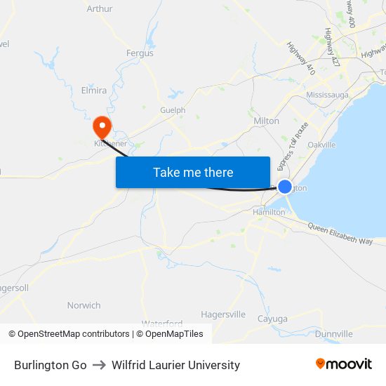 Burlington Go to Wilfrid Laurier University map